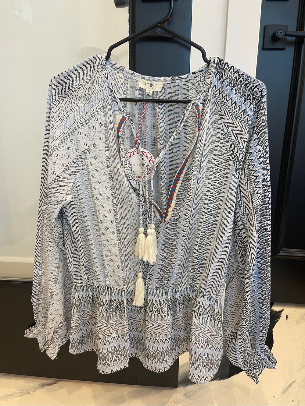 Umgee Blue & White Patterned V-Neck Tassel Tunic